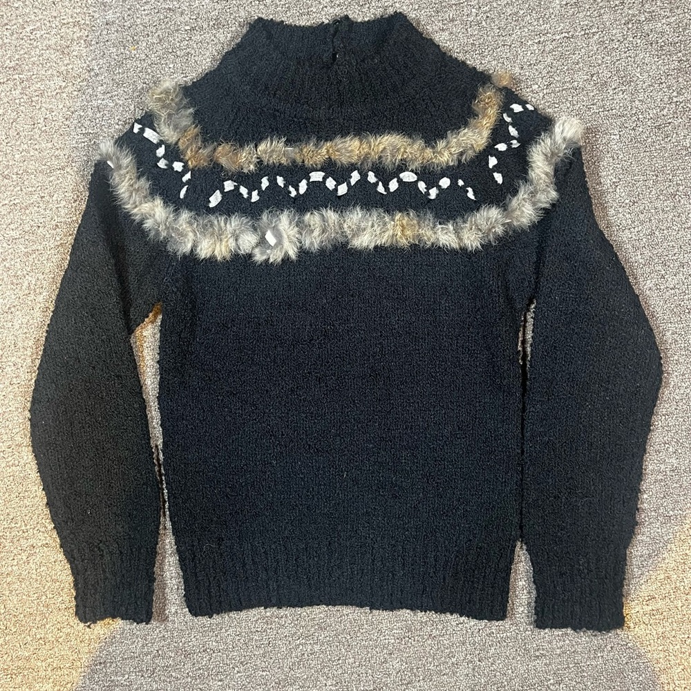 Vintage Skiva black faux fur trim black sweater size small‎